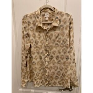 J Crew Women Tan/Cream with Circles 43% Silk Blouse Button Up The Perfect Shirt